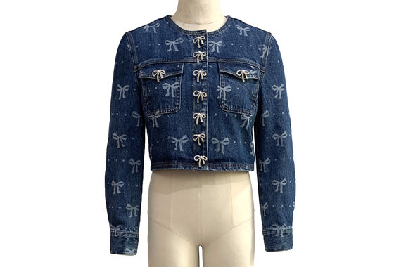 All Over Bow Print Stylish Jean Jacket Speels En Vrouwelijk Look Jacket