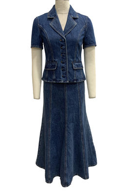 Twee stukken denim set met een op maat gemaakte jas en uitgebreide Midi rok