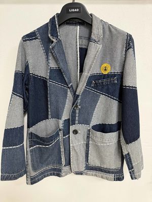 Trendy Jacquard Elements Denim Blazer voor een stoere en stijlvolle look